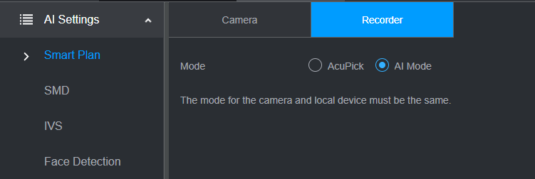 Smart Plan Recorder screen showing AcuPick and AI Mode radio buttons