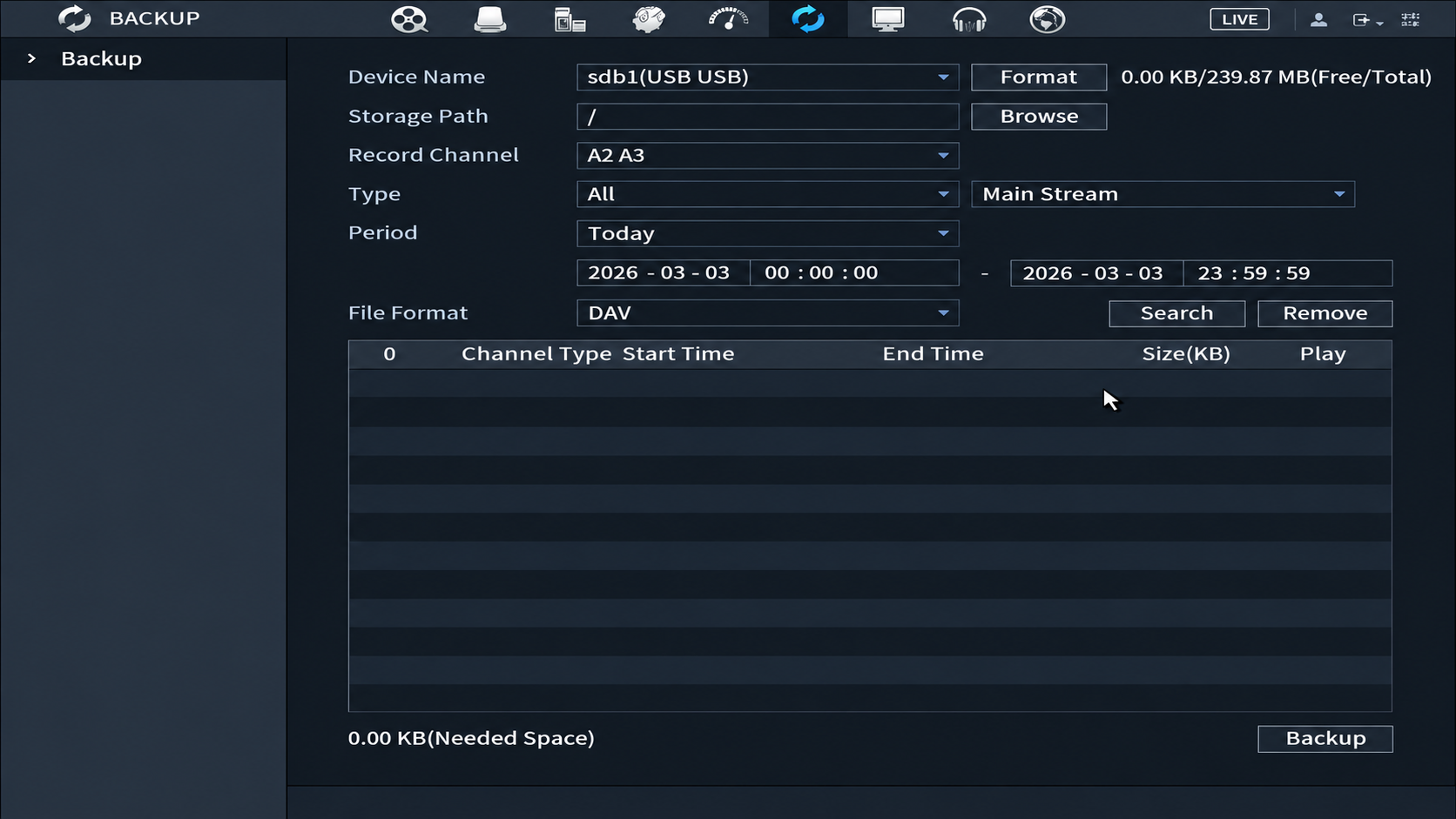 Backup screen after clicking Search with no results found