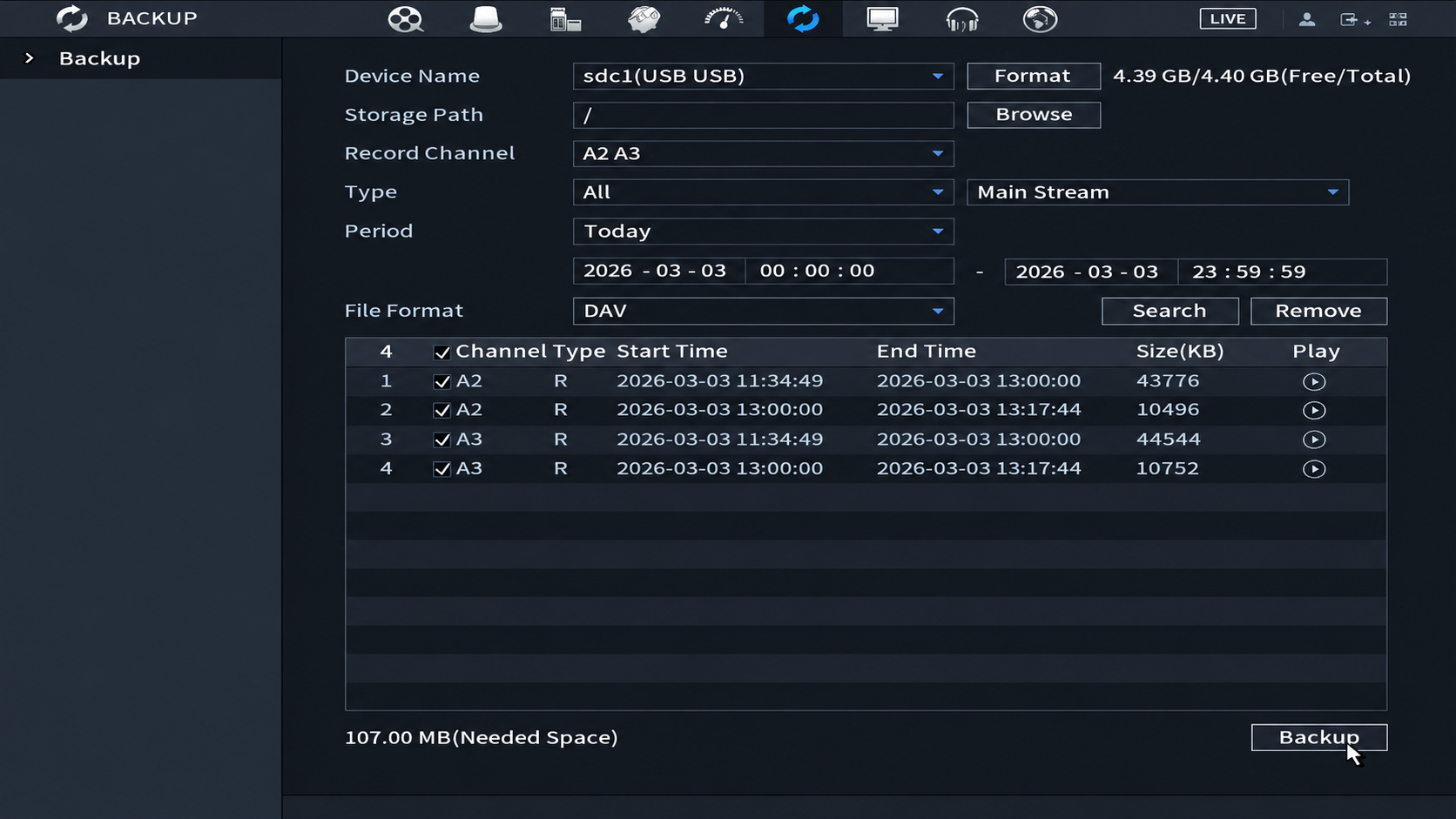 Backup screen showing four clips selected across channels A2 and A3 ready to export