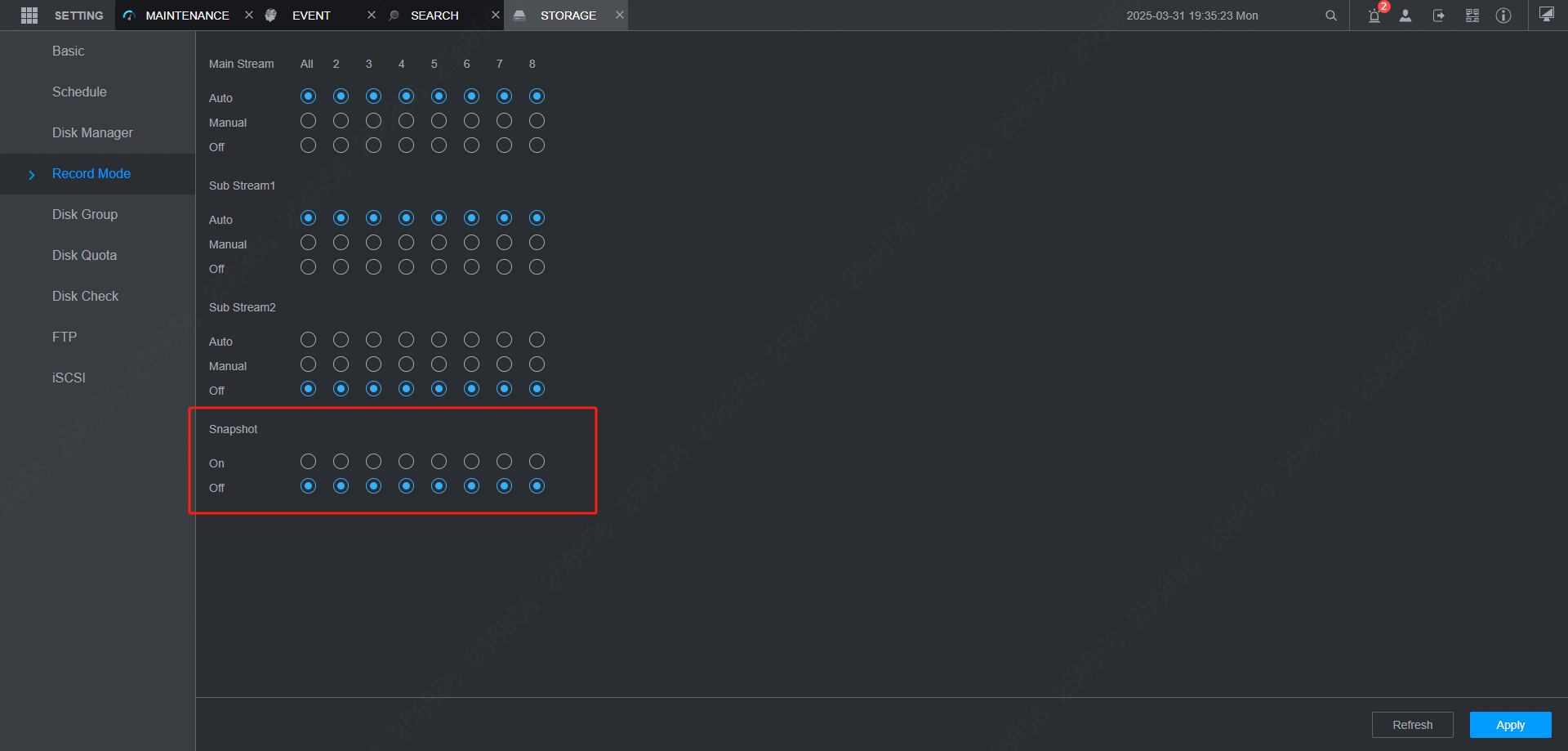 Storage > Record Mode > Snapshot Settings