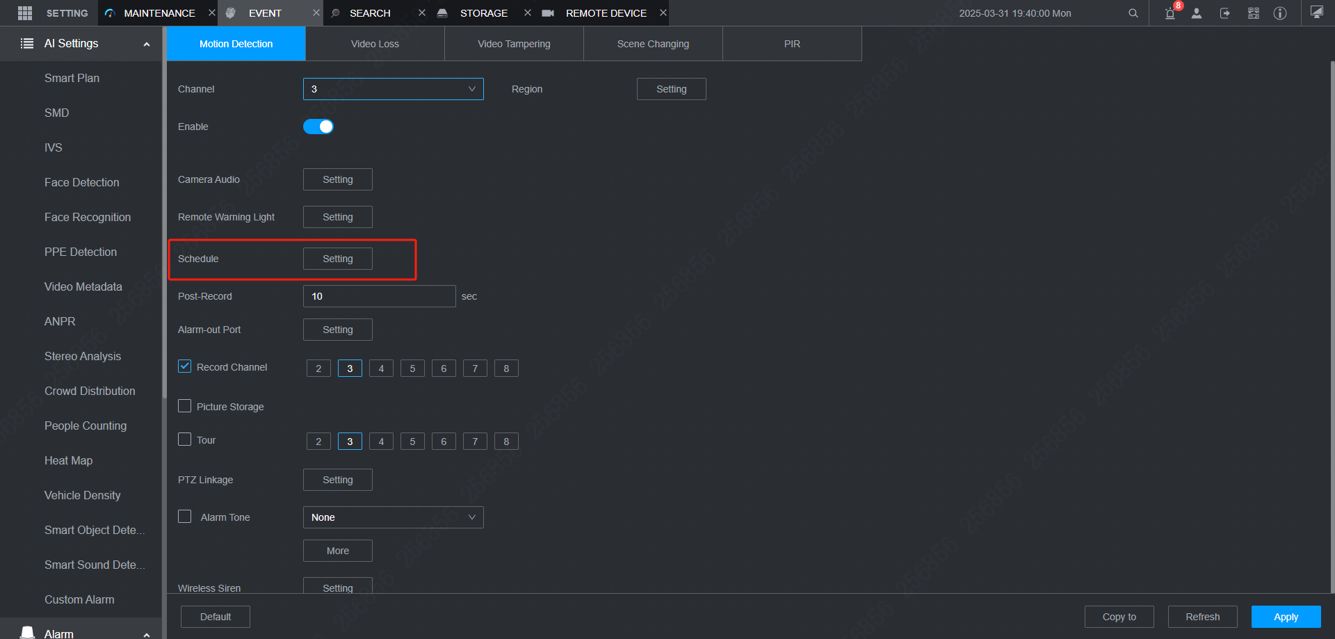 Setting Events Schedule on NVR