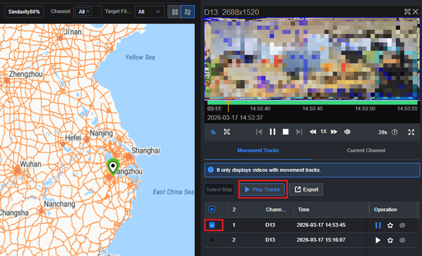 Map Tracks displaying AcuPick results on the E-Map