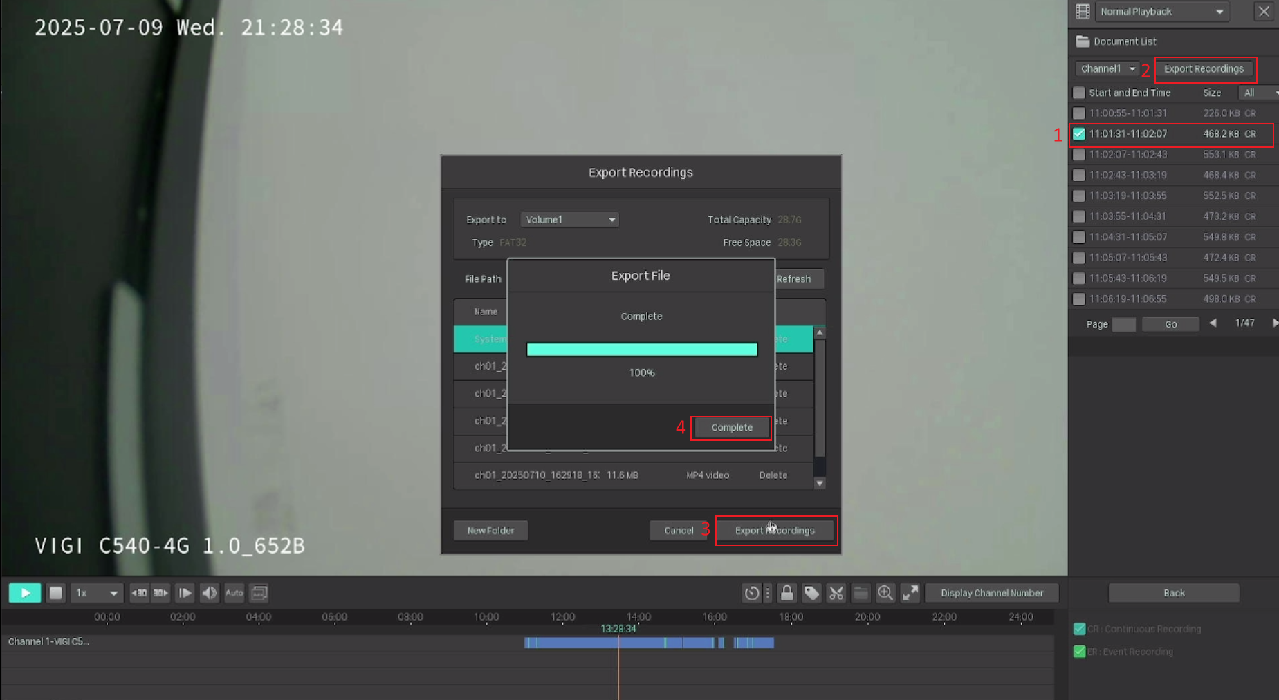 Selecting and exporting recordings from the Playback page