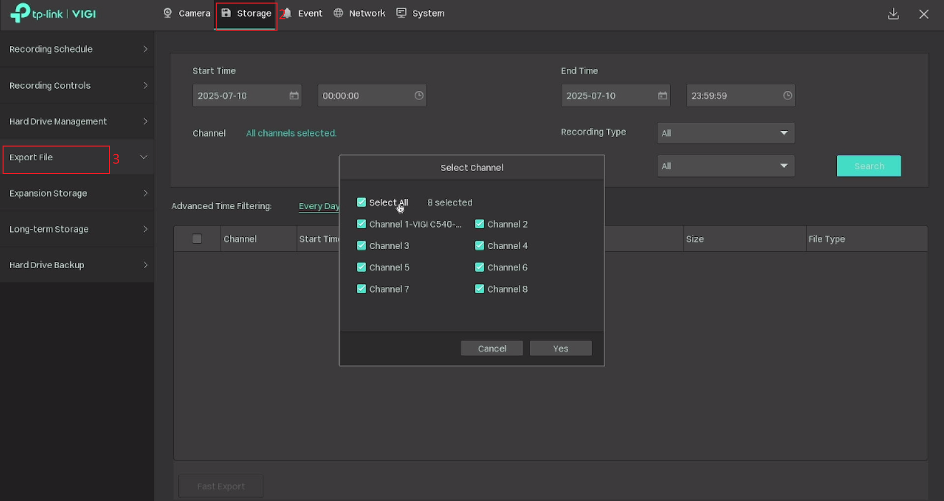 Filtering recordings on the Export File page