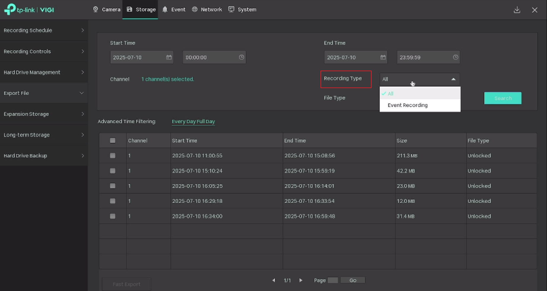 Recording type filter options