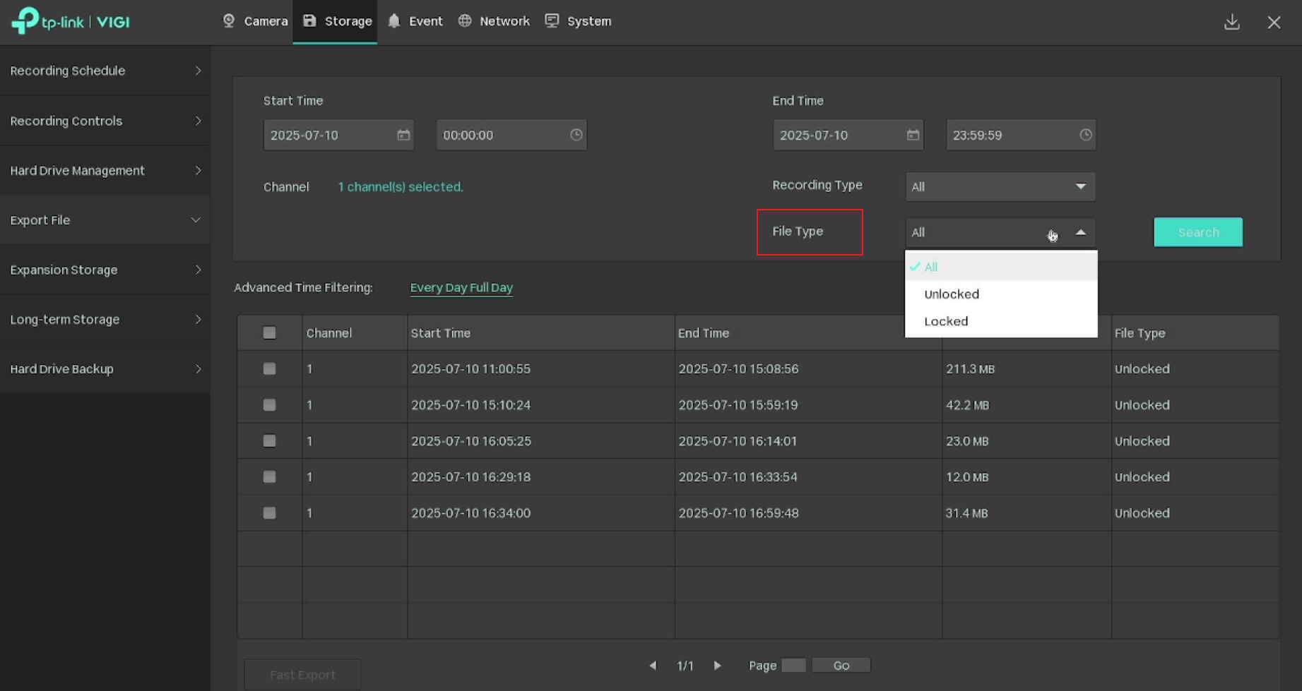 File type filter options