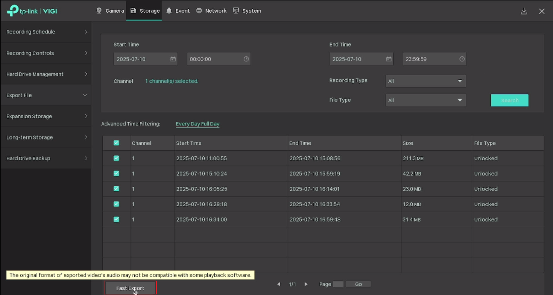 Fast Export button on the Export File page