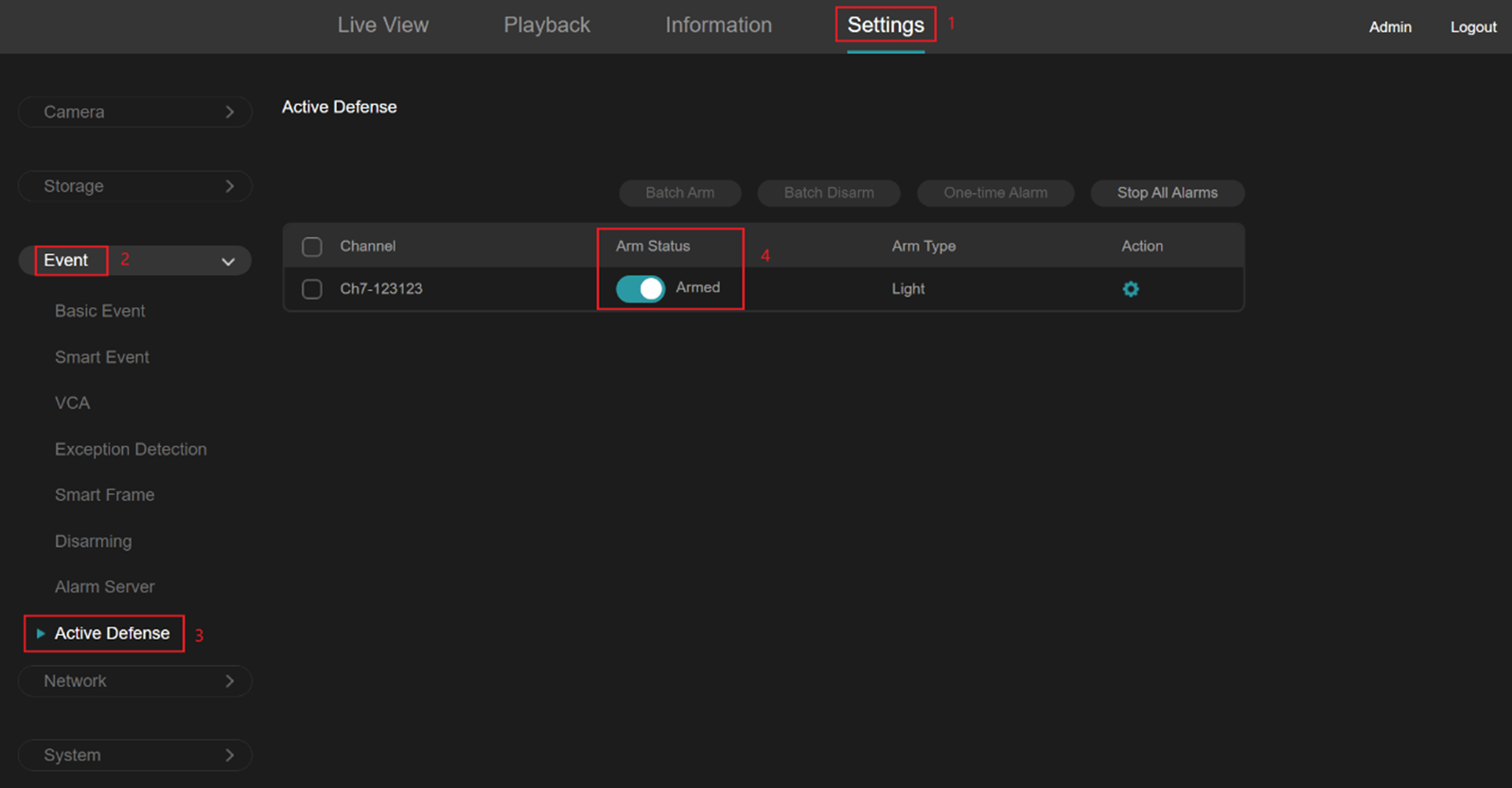 Active Defense toggle in the NVR web interface
