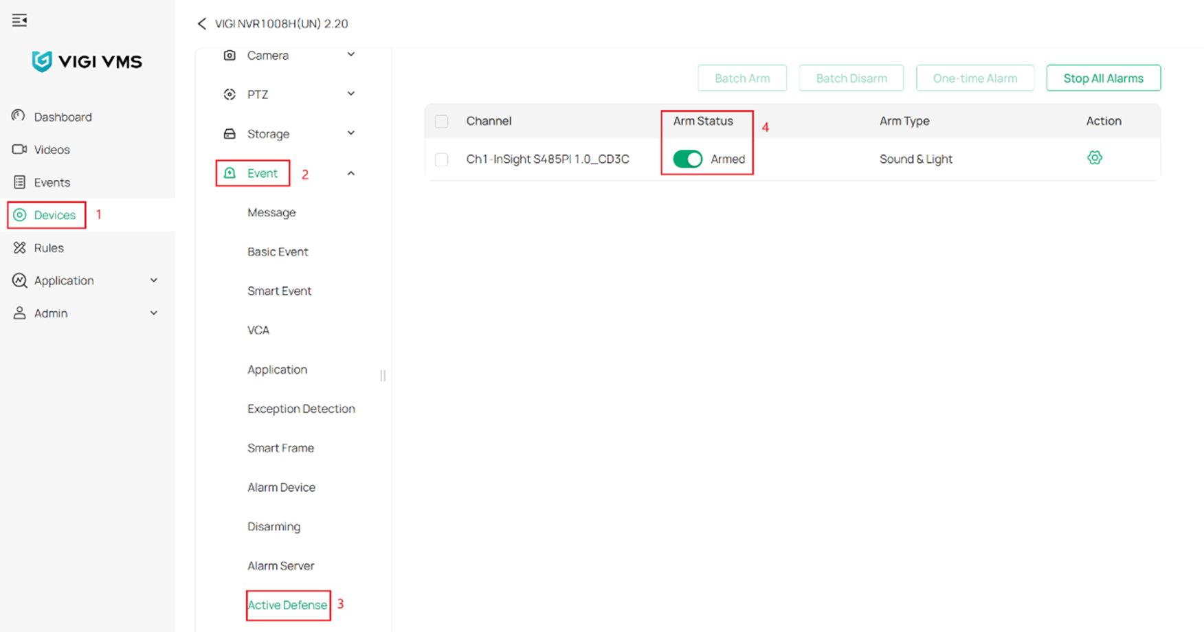 Active Defense toggle in VIGI VMS